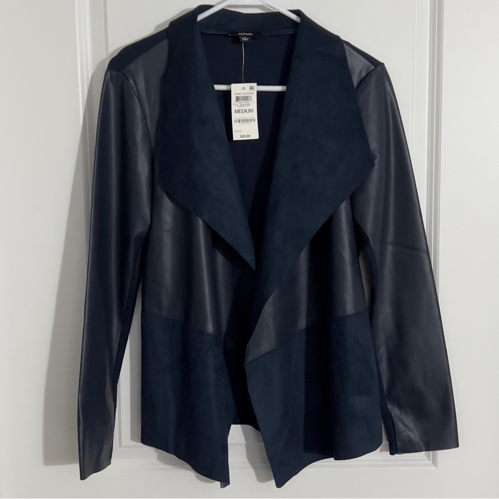 NWT Alfani Blue Faux Leather Suede Cascade Open Front Jacket Size M